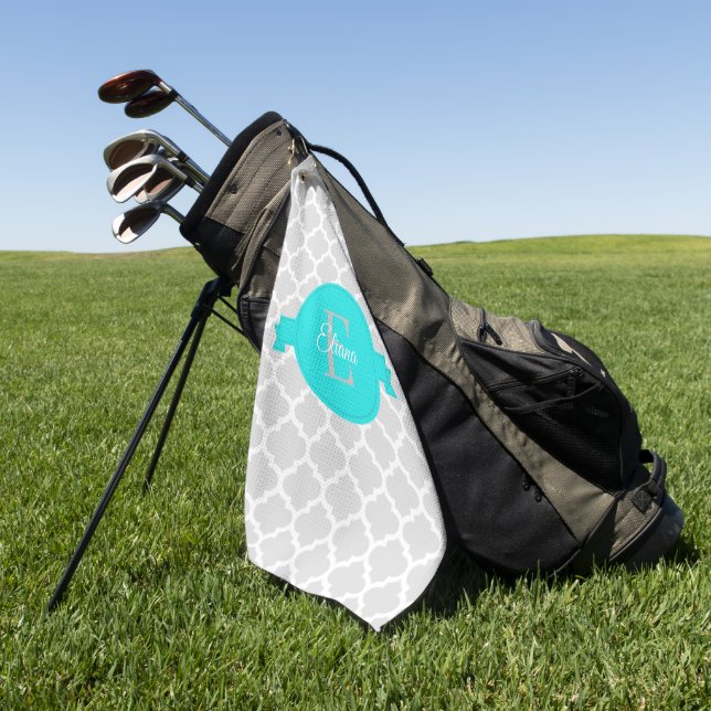 Turquoise Quatrefoil Personalised Golf Towel (Green)