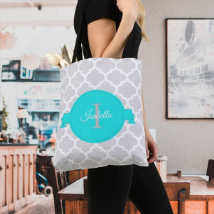 Turquoise Quatrefoil Personalised Tote Bag