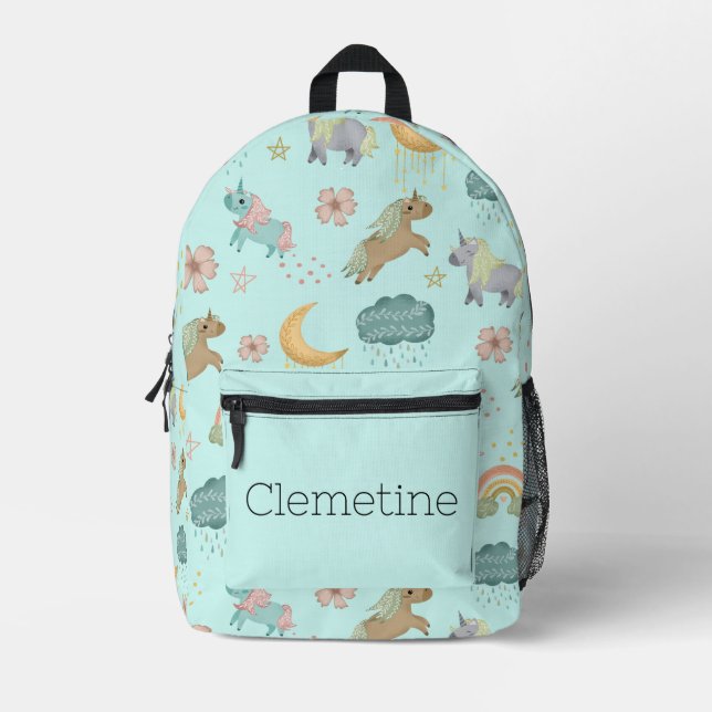 Turquoise Rainbow and Unicorn Backpack (Front)