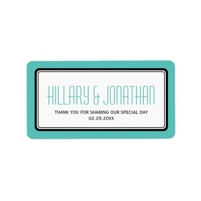 Turquoise rectangular frame wedding favour labels (Front)