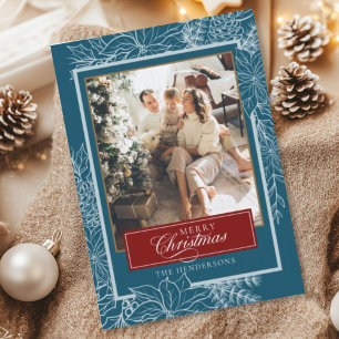 Turquoise Red Botanical Merry Christmas Photo Holiday Card