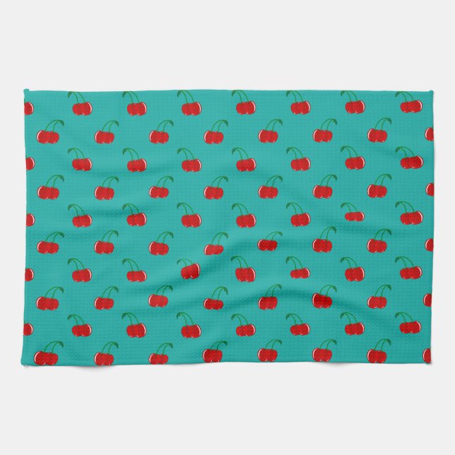 Turquoise red cherry pattern tea towel (Horizontal)
