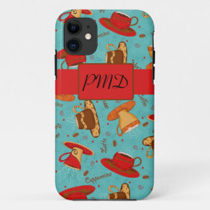Turquoise & Red Coffee Cups Pattern Monogram Case-Mate iPhone Case