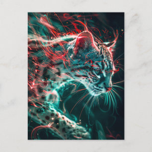 Turquoise Red Neon Fishing Cat Light Postcard