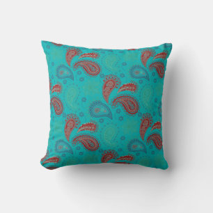Turquoise Red Paisley Pattern Cushion