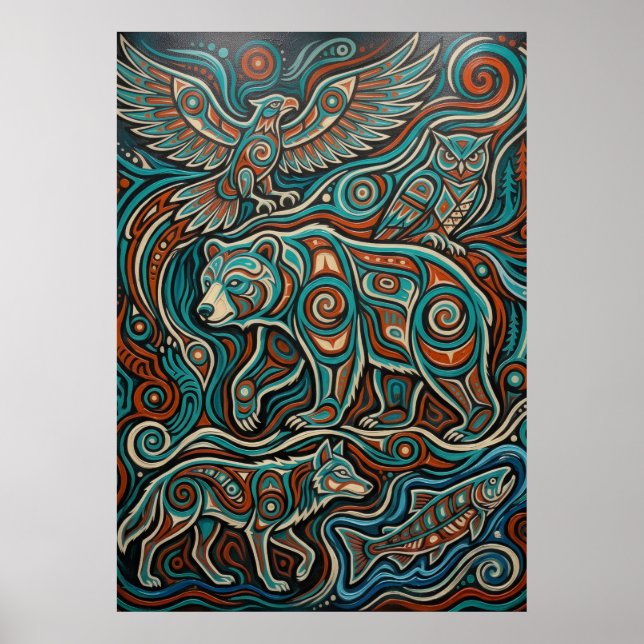 Turquoise & Red Spirit Animal Artwork Poster (Front)