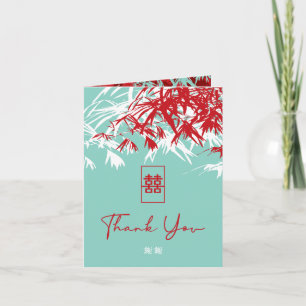 Turquoise Red Zen Bamboo Leaves 囍 Chinese Wedding Thank You Card
