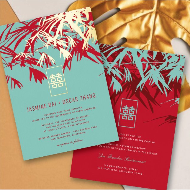 Turquoise & Red Zen Bamboo Leaves Chinese Wedding (Turquoise & Red Zen Bamboo Leaves Chinese Wedding Foil Invitation @ fatfatin_red_knot)