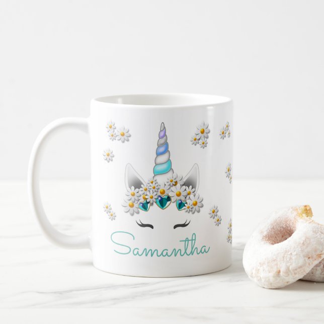 Turquoise Rhinestones Unicorn Crown with Daisies Coffee Mug (With Donut)