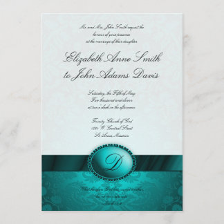 Turquoise Ribbon Damask Wedding Invitation