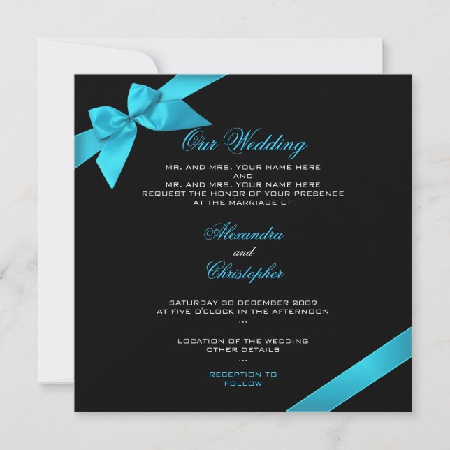 Turquoise Ribbon Wedding Invitation Announcement 2 (Front)