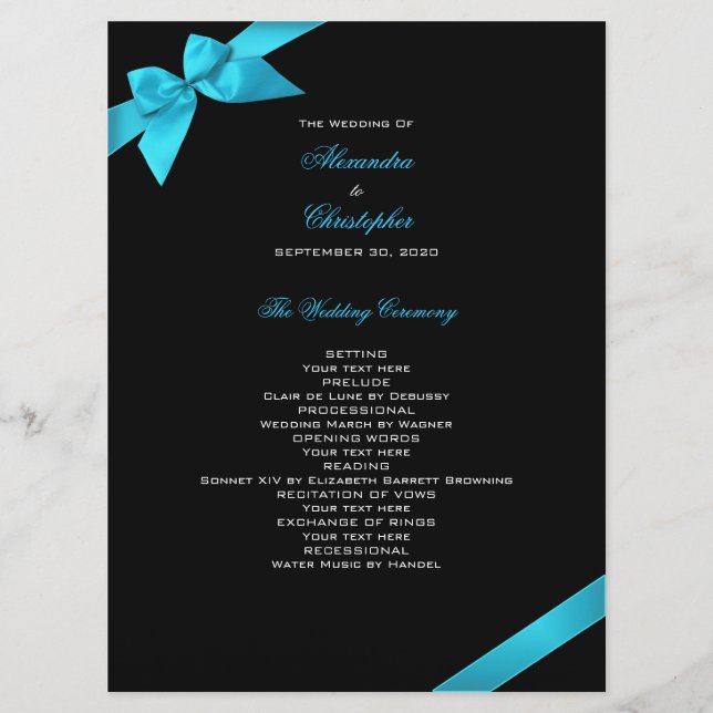 Turquoise Ribbon Wedding Program Programme (Front)