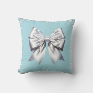Turquoise Robin's Egg Blue Big White Bow Bridal Cushion