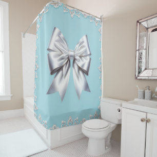 Turquoise Robin's Egg Blue Big White Bow Bridal  Shower Curtain