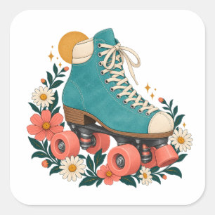 Turquoise Roller Skate and Daisies Square Sticker