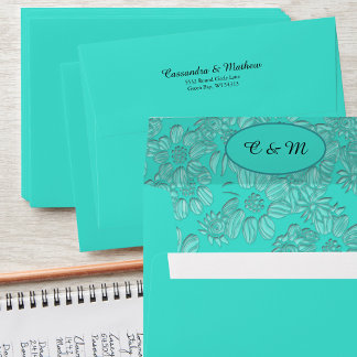 Turquoise Romantic Daisies Floral Wedding Envelope