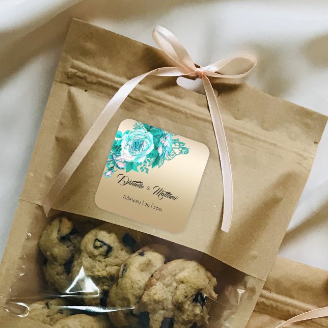 Turquoise Romantic Roses on Gold Wedding  Square Sticker (Creator Uploaded)