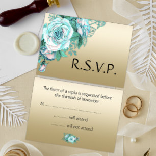 Turquoise Rose Bouquet Golden Wedding RSVP Card