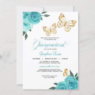 Turquoise Rose Gold Butterfly Quinceañera Birthday Invitation