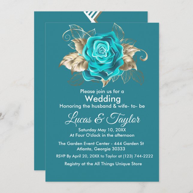 Turquoise Rose & Gold Feathers Wedding Invitation (Front/Back)