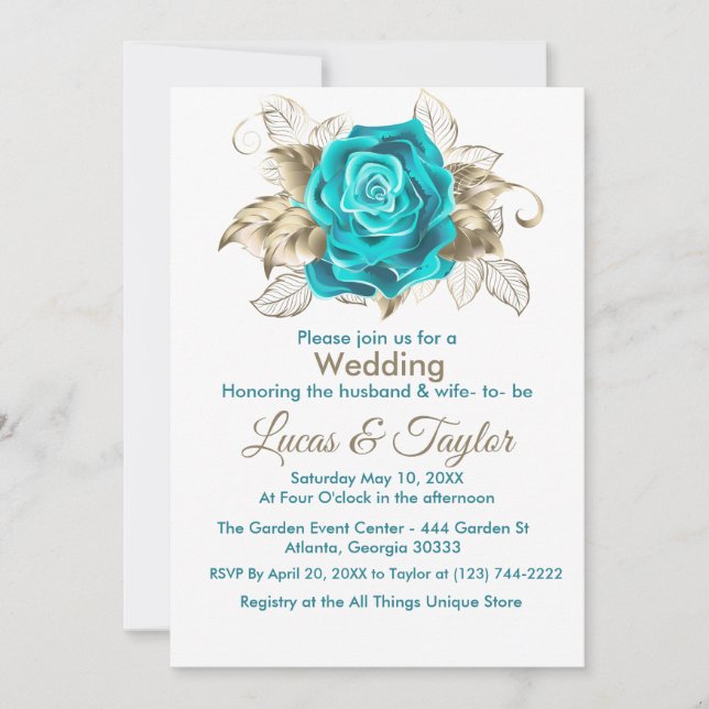 Turquoise Rose & Gold Feathers Wedding Invitation (Front)