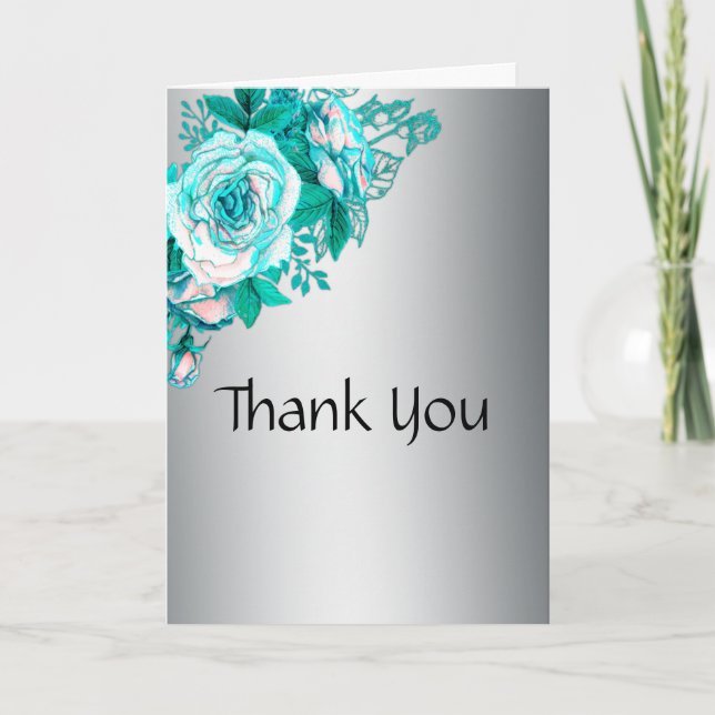 Turquoise Rose Romance Silver Wedding  Thank You Card (Front)