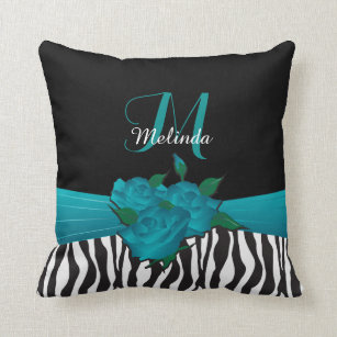 Turquoise Rose Zebra Animal Stripes Cushion