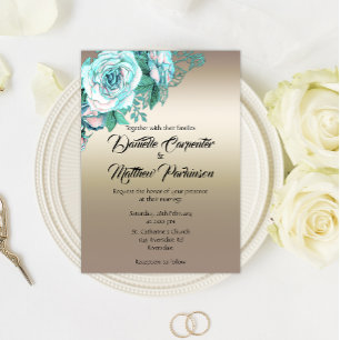 Turquoise Roses and Golden Elegance Wedding Invitation