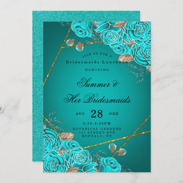 Turquoise Roses Geometric Bridesmaids Luncheon  Invitation (Front/Back)