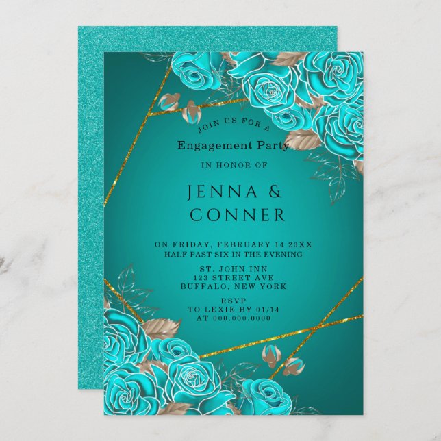 Turquoise Roses Gold Geometric Engagement Party Invitation (Front/Back)
