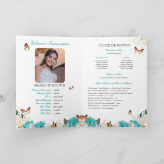 Turquoise Roses Gold Tiara Butterfly Quinceanera Programme