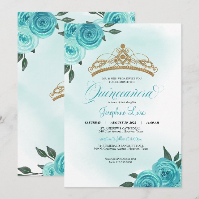 Turquoise Roses Golden Tiara Quinceañera Birthday  Invitation (Front/Back)