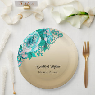 Turquoise Roses on Gold Wedding Paper Plate