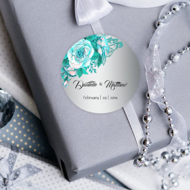 Turquoise Roses on Silver Wedding Classic Round Sticker (Creator Uploaded)