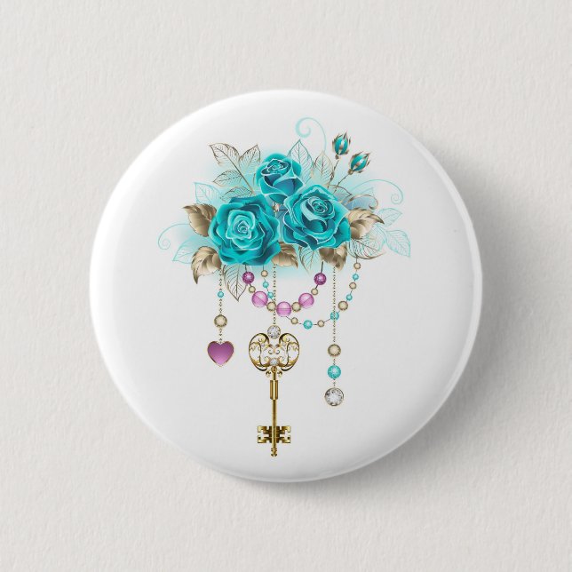 Turquoise Roses with Keys 6 Cm Round Badge (Front)