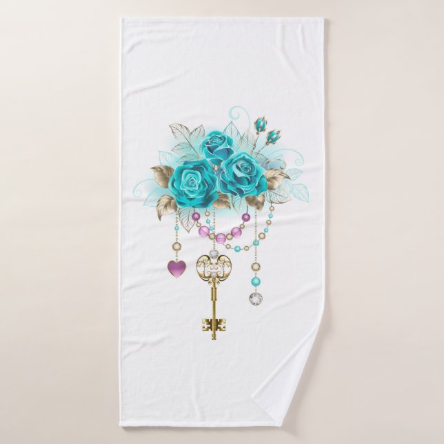 Turquoise Roses with Keys Bath Towel (Bath Towel)