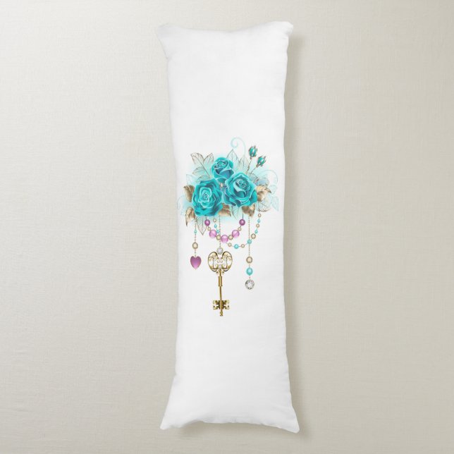 Turquoise Roses with Keys Body Cushion (Front Vertical)