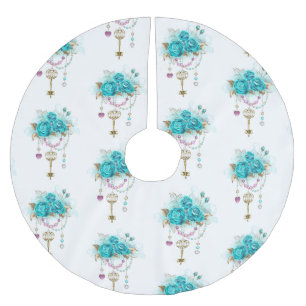 Turquoise Roses with Keys Brushed Polyester Tree Skirt
