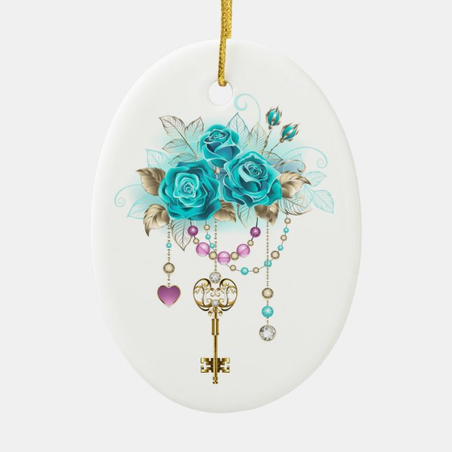 Turquoise Roses with Keys Ceramic Tree Decoration (Front)