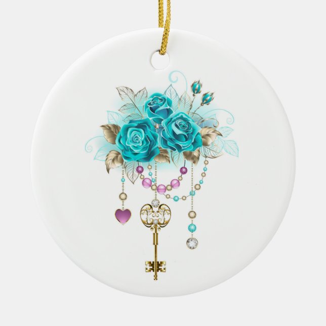 Turquoise Roses with Keys Ceramic Tree Decoration (Front)