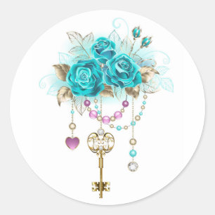 Turquoise Roses with Keys Classic Round Sticker