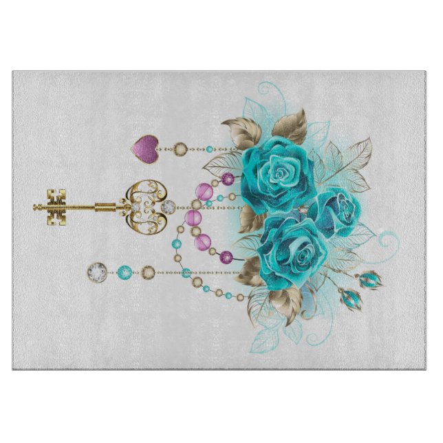 Turquoise Roses with Keys Cutting Board (Front)