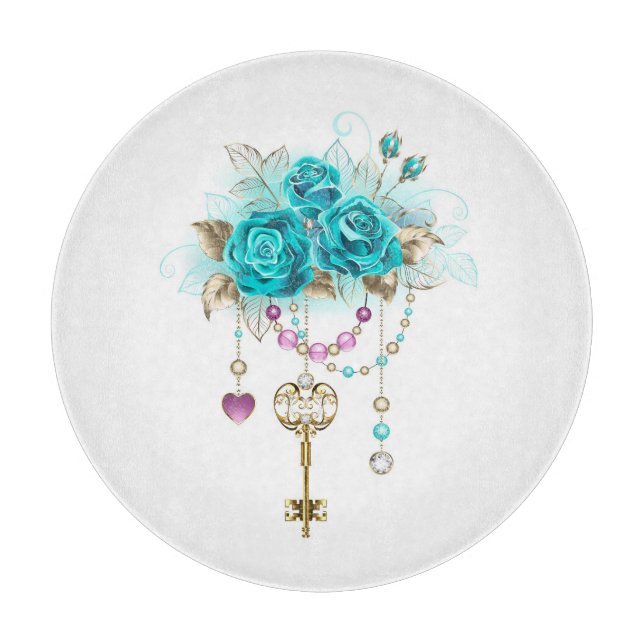 Turquoise Roses with Keys Cutting Board (Front)