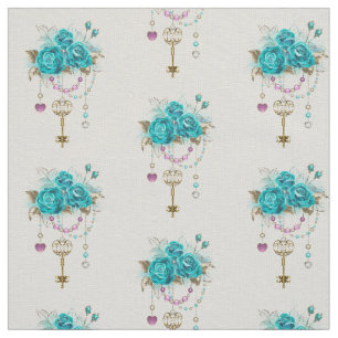 Turquoise Roses with Keys Fabric