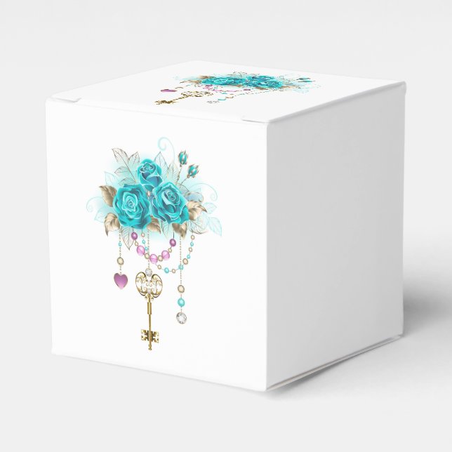 Turquoise Roses with Keys Favour Box (Front Side)
