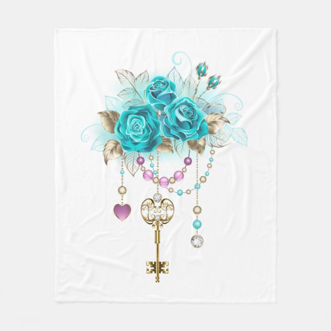 Turquoise Roses with Keys Fleece Blanket (Front)