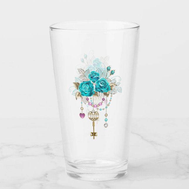 Turquoise Roses with Keys Glass (Front)