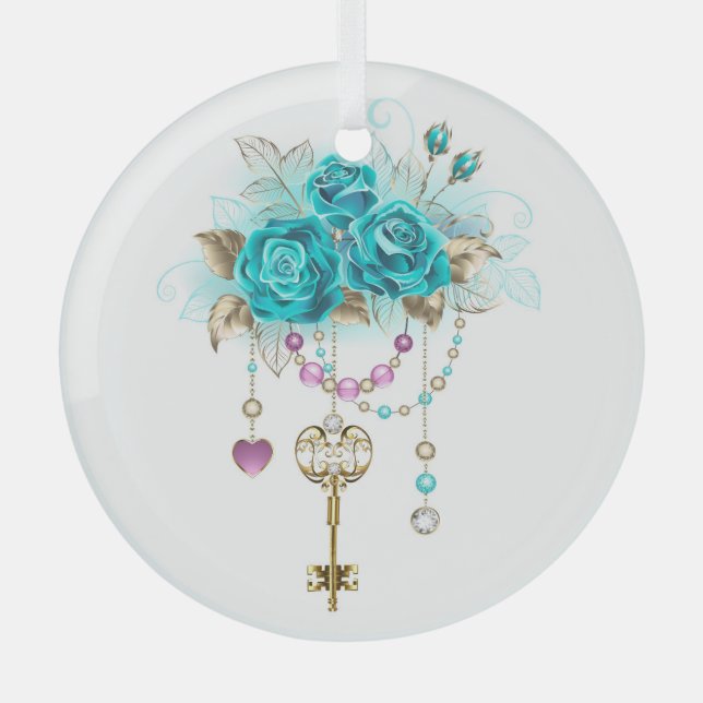 Turquoise Roses with Keys Glass Tree Decoration (Front)