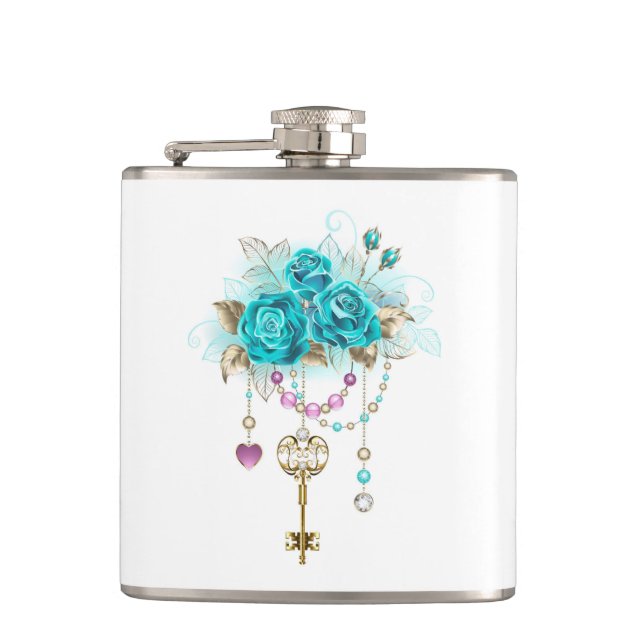 Turquoise Roses with Keys Hip Flask (Front)