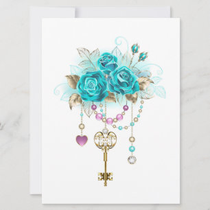 Turquoise Roses with Keys Holiday Card
